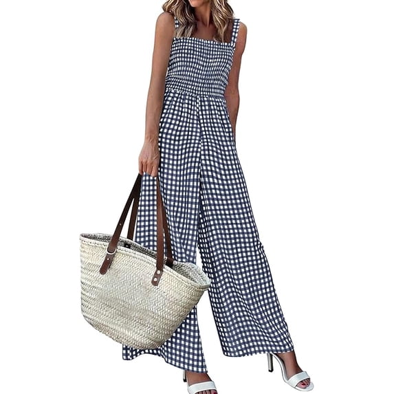 PRETTYGARDEN One Piece Jumpsuits for Women Summer Sleeveless Smocked Gingham Wide Leg Date Night Rompers Spring Outfits