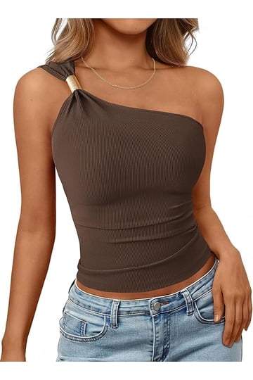 Women's Faux Leather Tank Top - Asymmetrical Hem, Ruched Fitted Sleeveless Top For Going Out, Y2K Style