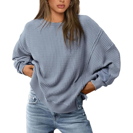 PRETTYGARDEN Oversized Sweatshirt for Women Fashion Crewneck Long Sleeve Pullover Waffle Knit Tops Fall Trendy Clothes