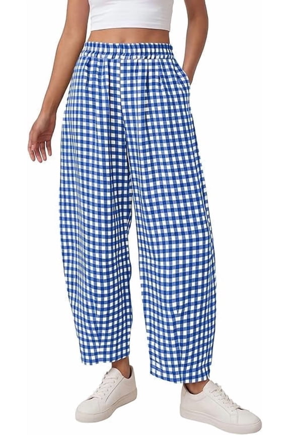 Plaid Barrel Pants Women Summer Casual Loose Wide Leg Lounge Gingham Trousers Spring Fashion Beach Bottoms