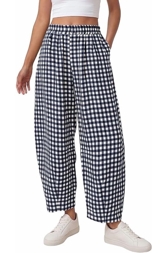Plaid Barrel Pants Women Summer Casual Loose Wide Leg Lounge Gingham Trousers Spring Fashion Beach Bottoms
