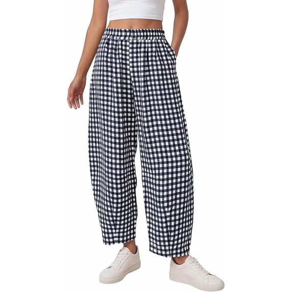 PRETTYGARDEN Plaid Barrel Pants Women Summer Casual Loose Wide Leg Lounge Gingham Trousers Spring Fashion Beach Bottoms