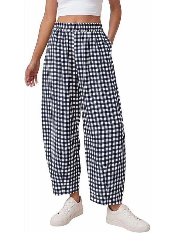 Plaid Barrel Pants Women Summer Casual Loose Wide Leg Lounge Gingham Trousers Spring Fashion Beach Bottoms