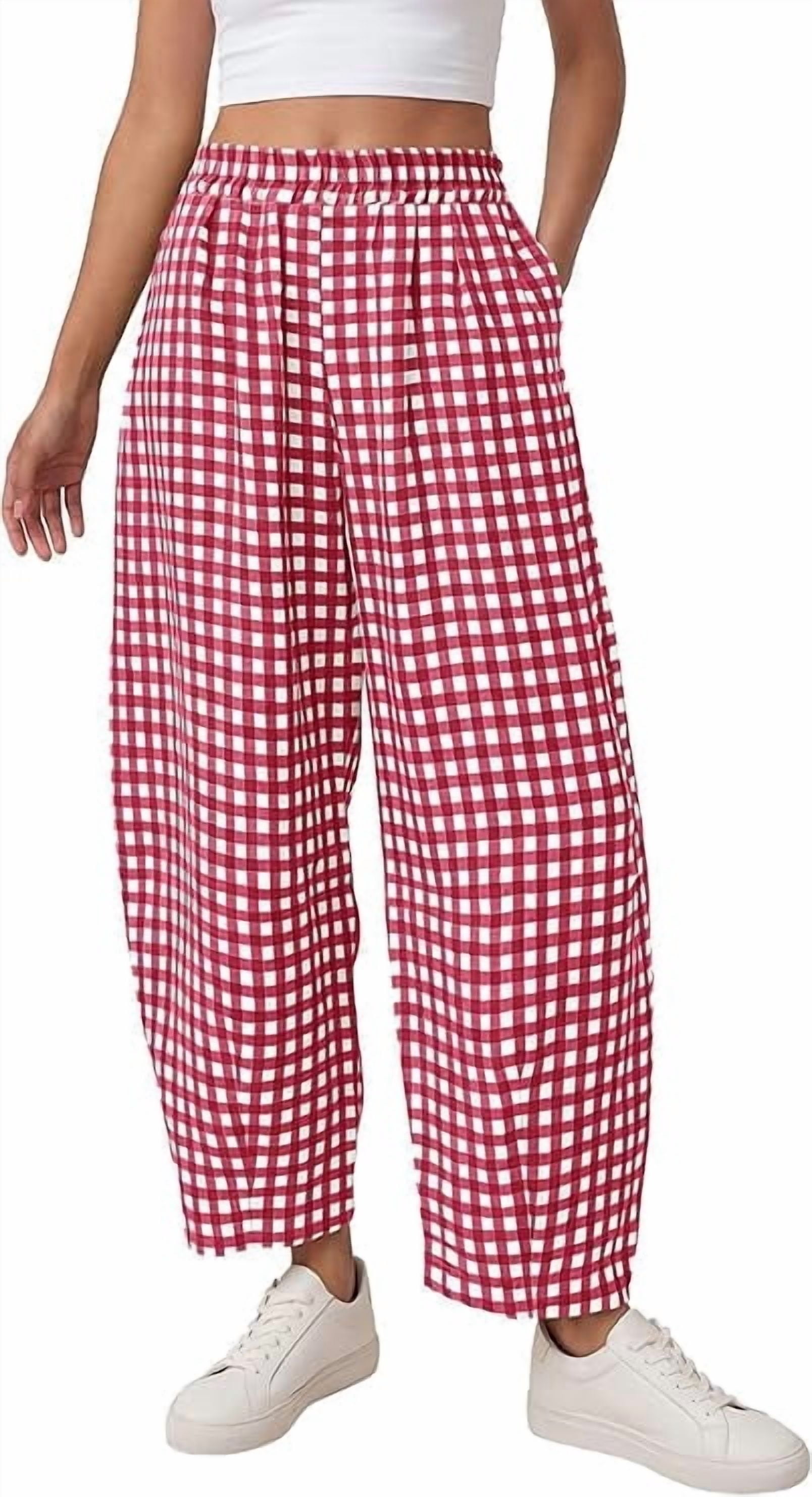 Plaid Barrel Pants Women Summer Casual Loose Wide Leg Lounge Gingham Trousers Spring Fashion Beach Bottoms