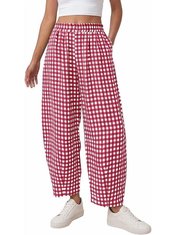 Plaid Barrel Pants Women Summer Casual Loose Wide Leg Lounge Gingham Trousers Spring Fashion Beach Bottoms