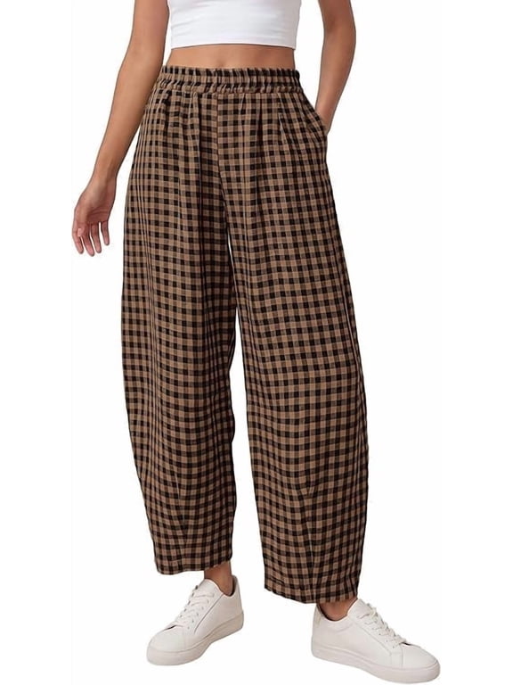 Plaid Barrel Pants Women Summer Casual Loose Wide Leg Lounge Gingham Trousers Spring Fashion Beach Bottoms