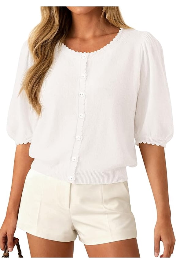 Puff Short Sleeve Cardigans for Women Lightweight Summer Shirts Button Up Knit Sweater Tops Spring Clothes