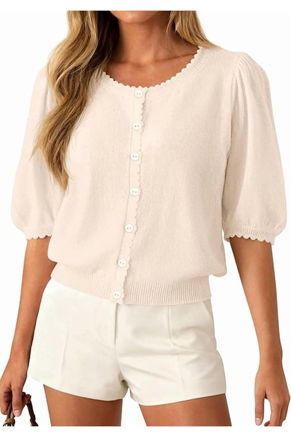Puff Short Sleeve Cardigans for Women Lightweight Summer Shirts Button Up Knit Sweater Tops Spring Clothes