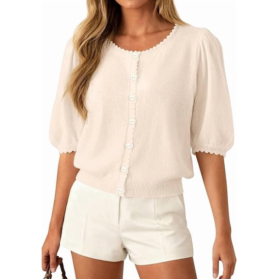 PRETTYGARDEN Puff Short Sleeve Cardigans for Women Lightweight Summer Shirts Button Up Knit Sweater Tops Spring Clothes