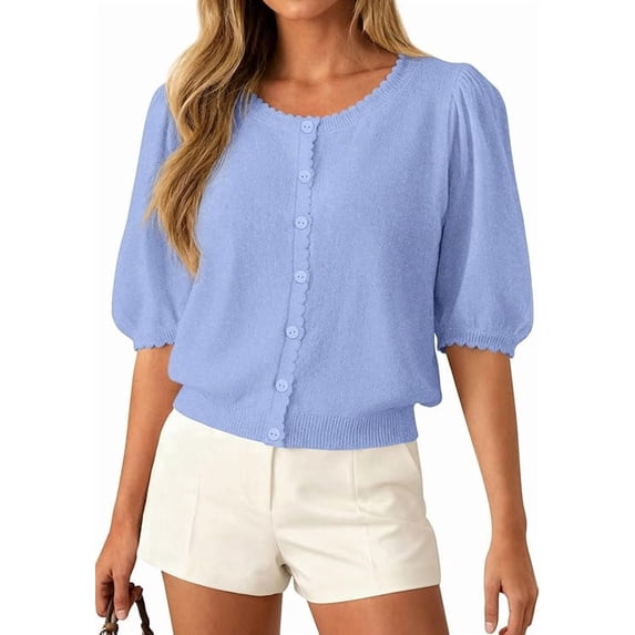PRETTYGARDEN Puff Short Sleeve Cardigans for Women Lightweight Summer Shirts Button Up Knit Sweater Tops Spring Clothes