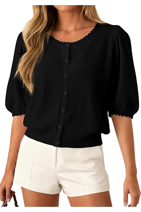 Puff Short Sleeve Cardigans for Women Lightweight Summer Shirts Button Up Knit Sweater Tops Spring Clothes