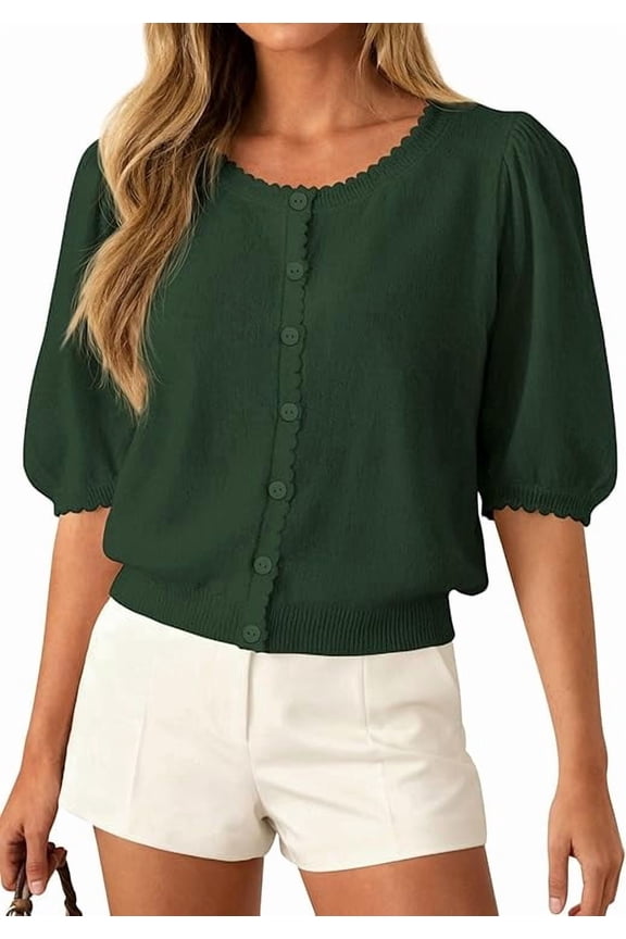 Puff Short Sleeve Cardigans for Women Lightweight Summer Shirts Button Up Knit Sweater Tops Spring Clothes