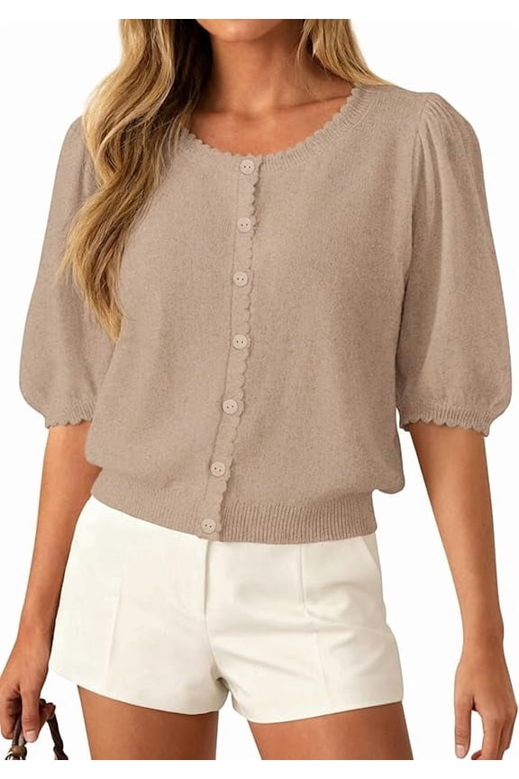 Puff Short Sleeve Cardigans for Women Lightweight Summer Shirts Button Up Knit Sweater Tops Spring Clothes