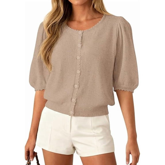 PRETTYGARDEN Puff Short Sleeve Cardigans for Women Lightweight Summer Shirts Button Up Knit Sweater Tops Spring Clothes