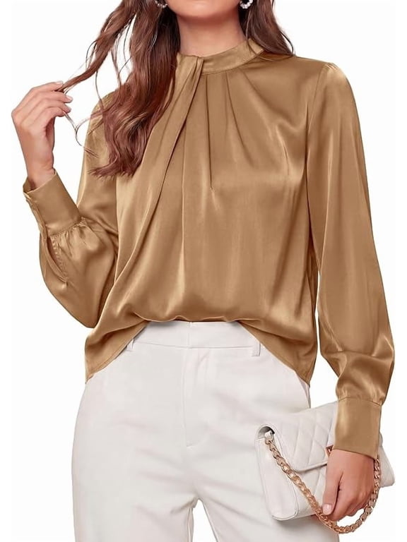 Satin Tops for Women Mock Neck Pleated Long Sleeve Shirts | Wrinkle Resistant Silky Blouses,Dressy Casual Fall Clothes,Versatile Business Casual Oufits,Fashion Clothing