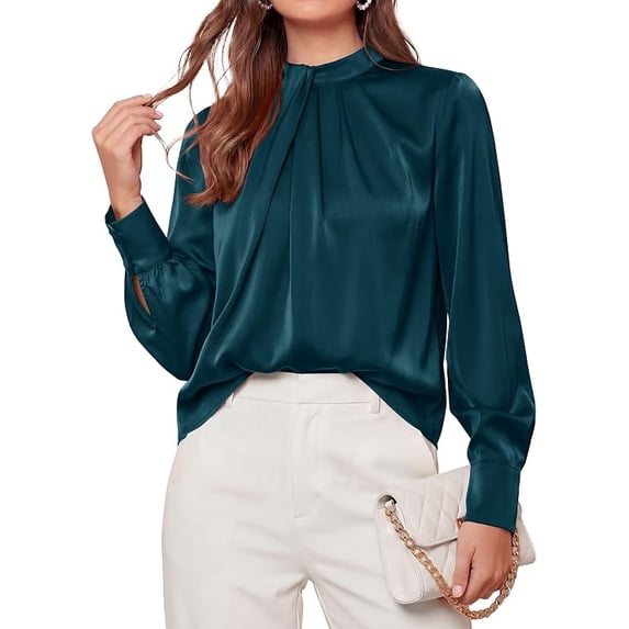 PRETTYGARDEN Satin Tops for Women Mock Neck Pleated Long Sleeve Shirts | Wrinkle Resistant Silky Blouses,Dressy Casual Fall Clothes,Versatile Business Casual Oufits,Fashion Clothing