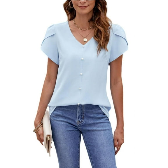 PRETTYGARDEN Short Sleeve Blouses for Women Summer Western Chiffon Shirts Dressy Casual Pearl Tops