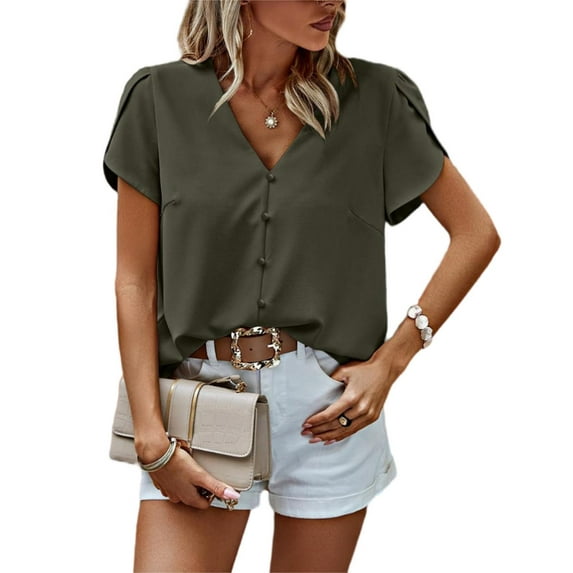 PRETTYGARDEN Short Sleeve Blouses for Women Summer Western Chiffon Shirts Dressy Casual Pearl Tops