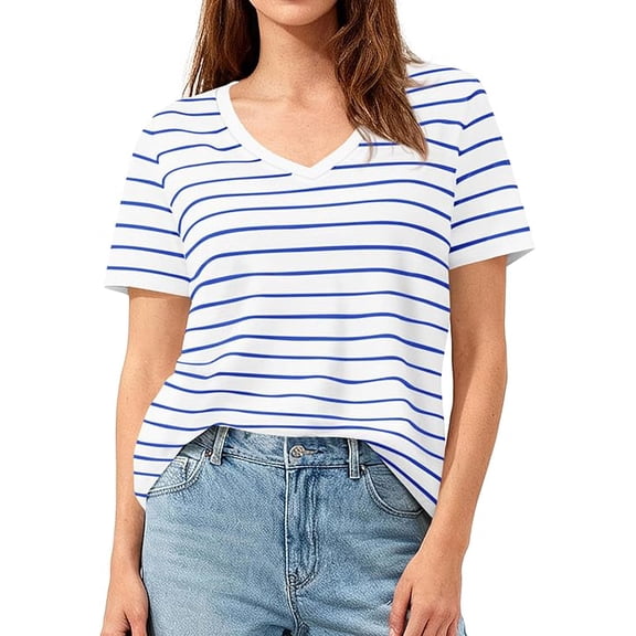 PRETTYGARDEN Short Sleeve Shirts for Women Spring V Neck Cute Tops Casual Striped Shirt Knitted Tees Summer Outfits