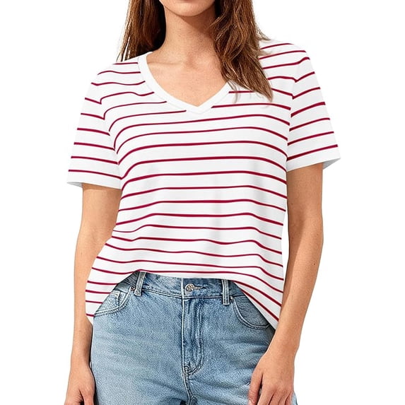 PRETTYGARDEN Short Sleeve Shirts for Women Spring V Neck Cute Tops Casual Striped Shirt Knitted Tees Summer Outfits