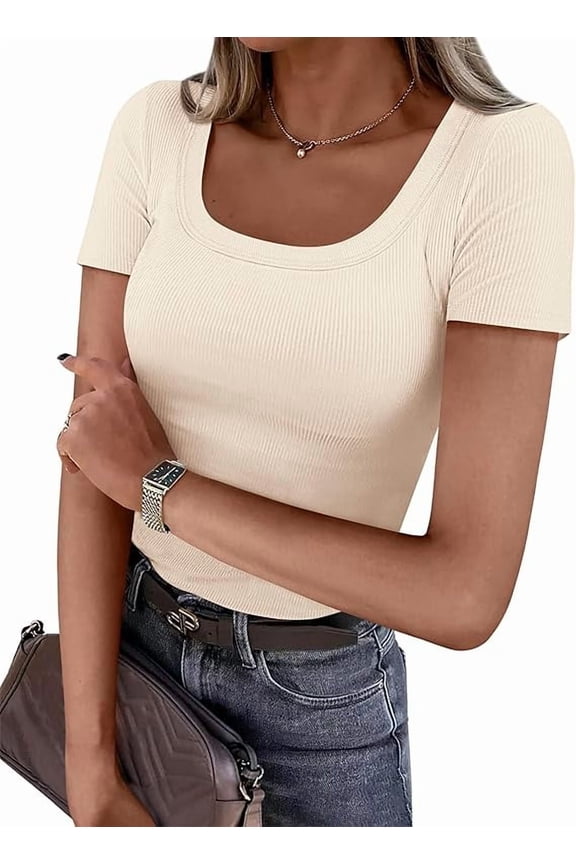 Short Sleeve Shirts for Women Summer Trendy Scoop Neck Ribbed Tops Spring Casual Slim Fitted Basic Tees