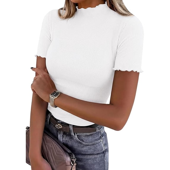 PRETTYGARDEN Short Sleeve T Shirts for Women Summer Clothes Casual Spring Tops Ruffle Mock Neck Ribbed Fitted Basic Tees
