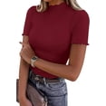 thumbnail image 1 of PRETTYGARDEN Short Sleeve T Shirts for Women Summer Clothes Casual Spring Tops Ruffle Mock Neck Ribbed Fitted Basic Tees, 1 of 9