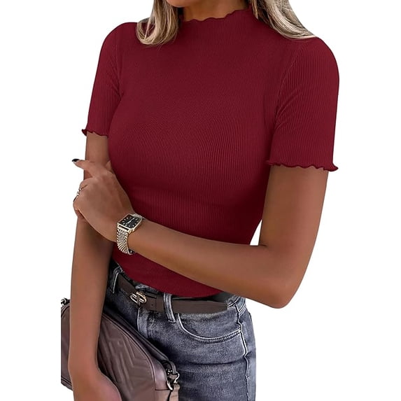 PRETTYGARDEN Short Sleeve T Shirts for Women Summer Clothes Casual Spring Tops Ruffle Mock Neck Ribbed Fitted Basic Tees