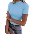 thumbnail image 1 of PRETTYGARDEN Short Sleeve T Shirts for Women Summer Clothes Casual Spring Tops Ruffle Mock Neck Ribbed Fitted Basic Tees, 1 of 9