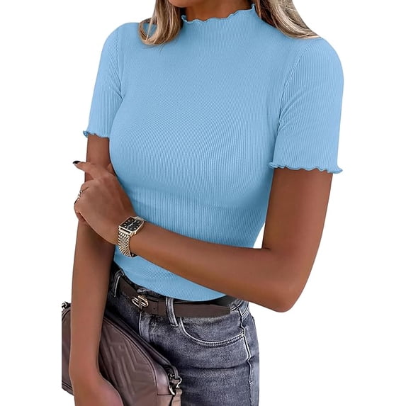 PRETTYGARDEN Short Sleeve T Shirts for Women Summer Clothes Casual Spring Tops Ruffle Mock Neck Ribbed Fitted Basic Tees