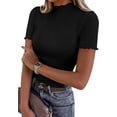 thumbnail image 1 of PRETTYGARDEN Short Sleeve T Shirts for Women Summer Clothes Casual Spring Tops Ruffle Mock Neck Ribbed Fitted Basic Tees, 1 of 9