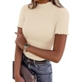 thumbnail image 1 of PRETTYGARDEN Short Sleeve T Shirts for Women Summer Clothes Casual Spring Tops Ruffle Mock Neck Ribbed Fitted Basic Tees, 1 of 9