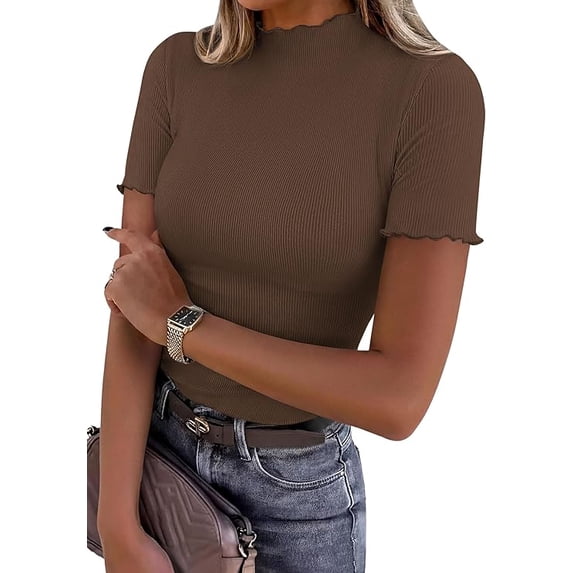 PRETTYGARDEN Short Sleeve T Shirts for Women Summer Clothes Casual Spring Tops Ruffle Mock Neck Ribbed Fitted Basic Tees