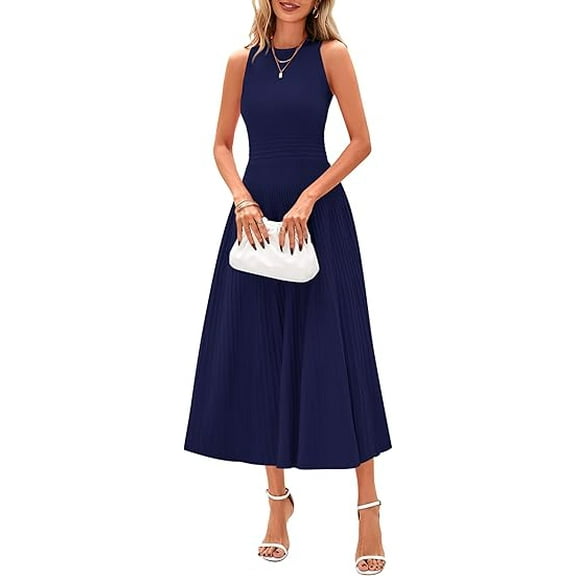 PRETTYGARDEN Spring Casual Dresses for Women Summer Business Work Midi Sleeveless A Line Pleated Cocktail Dress