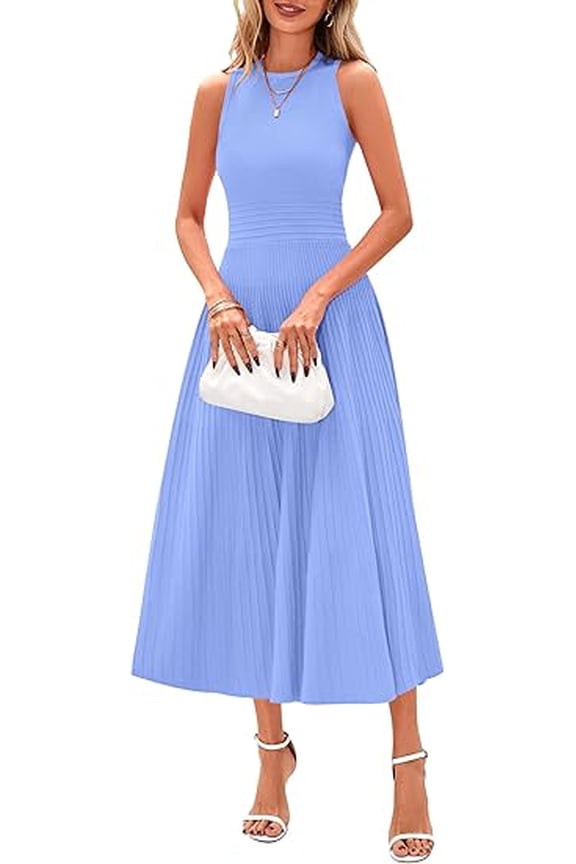 Spring Casual Dresses for Women Summer Business Work Midi Sleeveless A Line Pleated Cocktail Dress