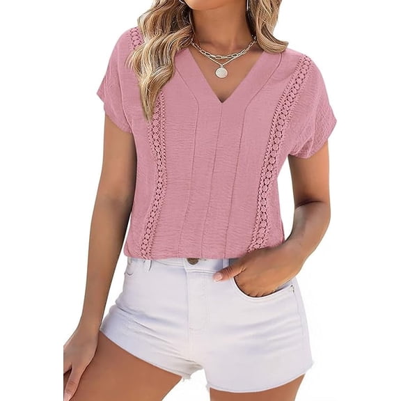 PRETTYGARDEN Spring Tops for Women Summer Fashion Clothes Dressy Casual Blouses Cap Sleeve V Neck Shirts Work Outfits