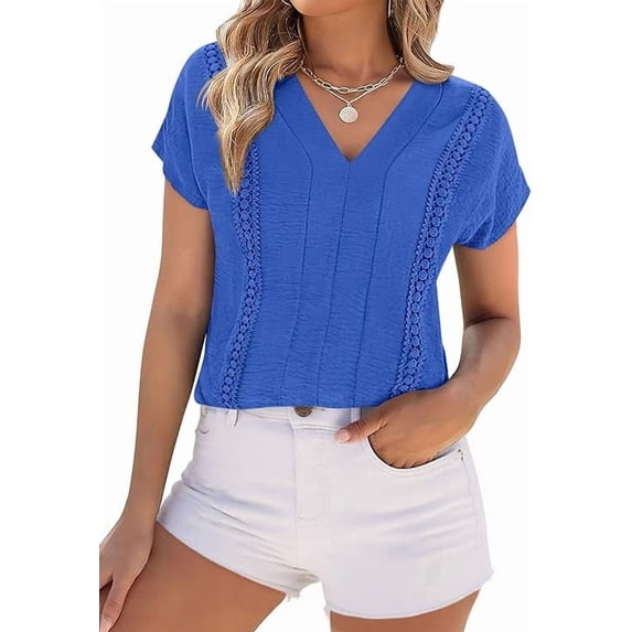 PRETTYGARDEN Spring Tops for Women Summer Fashion Clothes Dressy Casual Blouses Cap Sleeve V Neck Shirts Work Outfits
