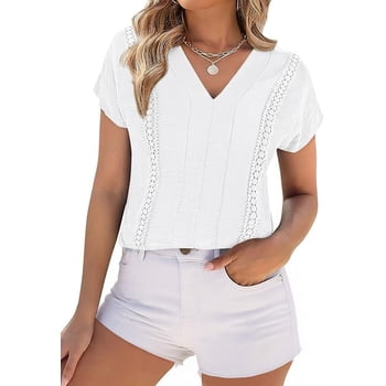 PRETTYGARDEN Spring Tops for Women Summer Fashion Clothes Dressy Casual Blouses Cap Sleeve V Neck Shirts Work Outfits