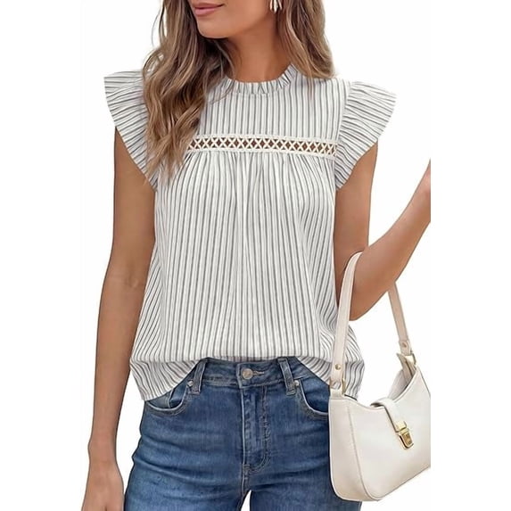 PRETTYGARDEN Striped Shirt Womens Summer Tops Spring Business Casual Work Dressy Crochet Lace Ruffle Cap Sleeve Blouse
