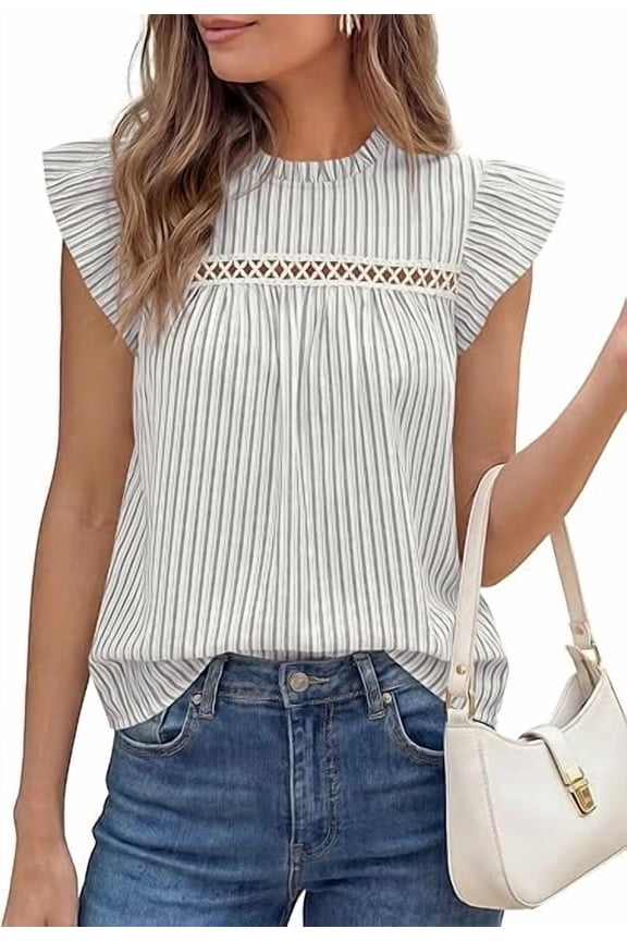 Striped Shirt Womens Summer Tops Spring Business Casual Work Dressy Crochet Lace Ruffle Cap Sleeve Blouse