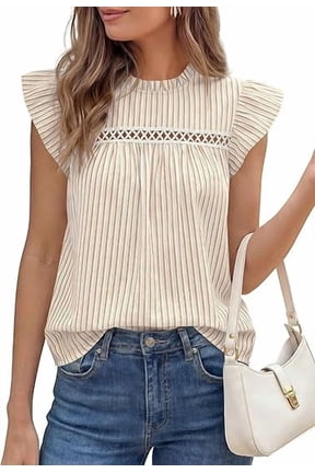 Striped Shirt Womens Summer Tops Spring Business Casual Work Dressy Crochet Lace Ruffle Cap Sleeve Blouse