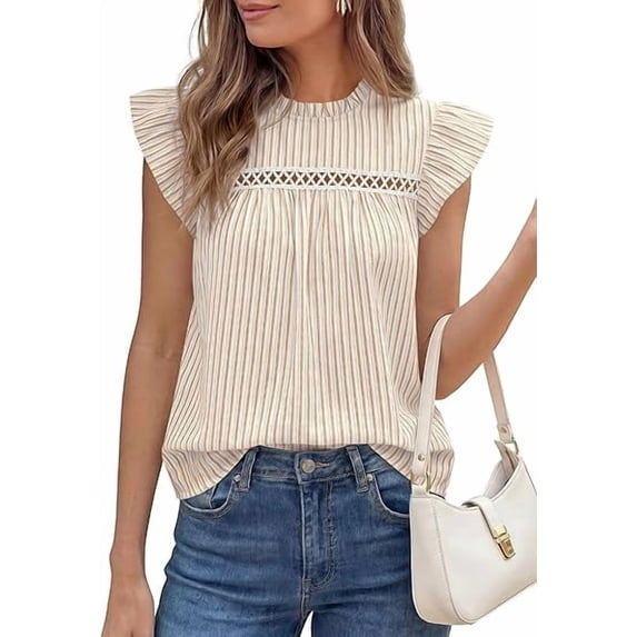 PRETTYGARDEN Striped Shirt Womens Summer Tops Spring Business Casual Work Dressy Crochet Lace Ruffle Cap Sleeve Blouse