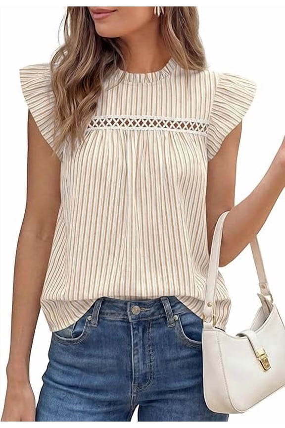 Striped Shirt Womens Summer Tops Spring Business Casual Work Dressy Crochet Lace Ruffle Cap Sleeve Blouse
