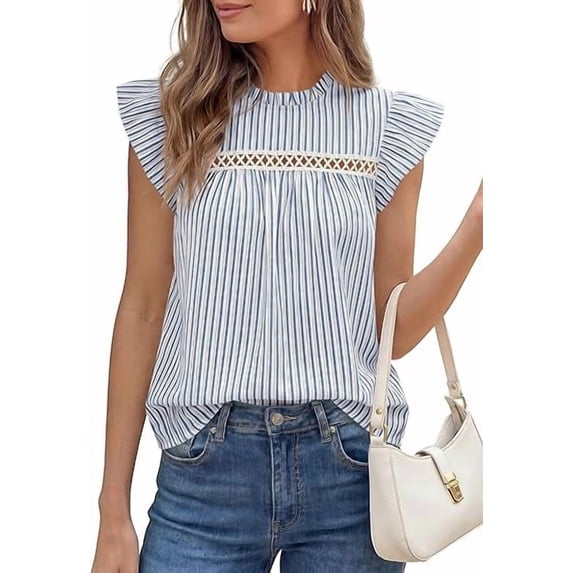 PRETTYGARDEN Striped Shirt Womens Summer Tops Spring Business Casual Work Dressy Crochet Lace Ruffle Cap Sleeve Blouse