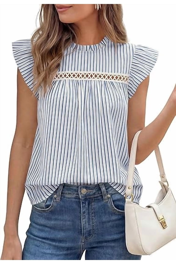 Striped Shirt Womens Summer Tops Spring Business Casual Work Dressy Crochet Lace Ruffle Cap Sleeve Blouse