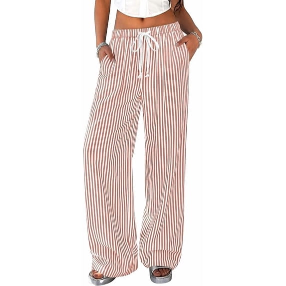 PRETTYGARDEN Striped Wide Leg Pants Women Loungewear with Pocket Baggy Palazzo with Drawstring, Regular Elastic Waist Bottom, Casual Outfits for School, Beach Vacation & Travel