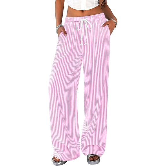 PRETTYGARDEN Striped Wide Leg Pants Women Loungewear with Pocket Baggy Palazzo with Drawstring, Regular Elastic Waist Bottom, Casual Outfits for School, Beach Vacation & Travel