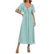 PRETTYGARDEN Summer Dress for Women Casual Short Sleeve Bow Tie V Neck Ruffle Midi Flowy Dresses