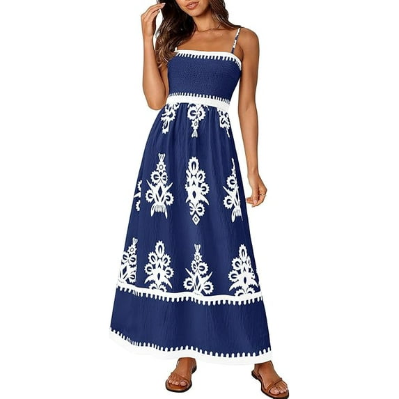 PRETTYGARDEN Summer Dress for Women Floral Sundress Spaghetti Strap Flowy Beach Vacation Boho Maxi Dresses