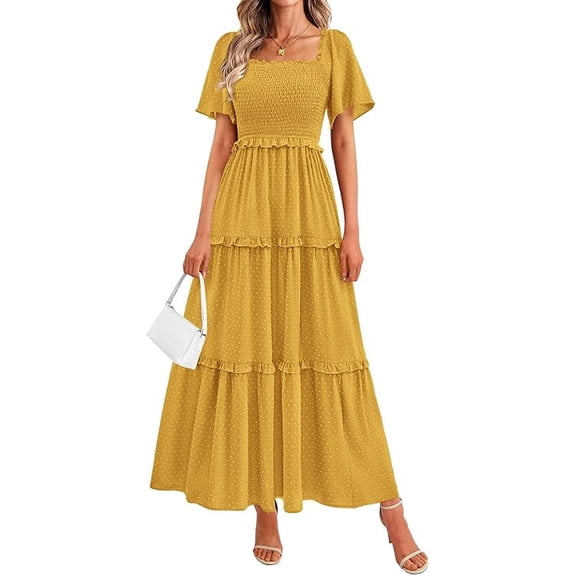 PRETTYGARDEN Summer Dresses for Women Boho Swiss Dot Smocked Square Neck Short Sleeve Spring Wedding Guest Maxi Dress